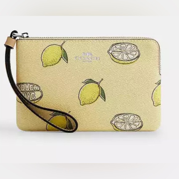 NWT Coach Corner Zip Wristlet Lemon Print Signature Coated Canvas Bag Charm